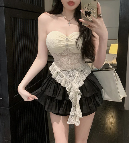 Coquette Tube Tops y2k Women Sheer See Through Off Shoulder Irregular Ruffle Hem Bandeau Vest 2000s Clothing Streetwear