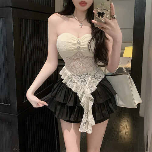 Load image into Gallery viewer, Coquette Tube Tops y2k Women Sheer See Through Off Shoulder Irregular Ruffle Hem Bandeau Vest 2000s Clothing Streetwear
