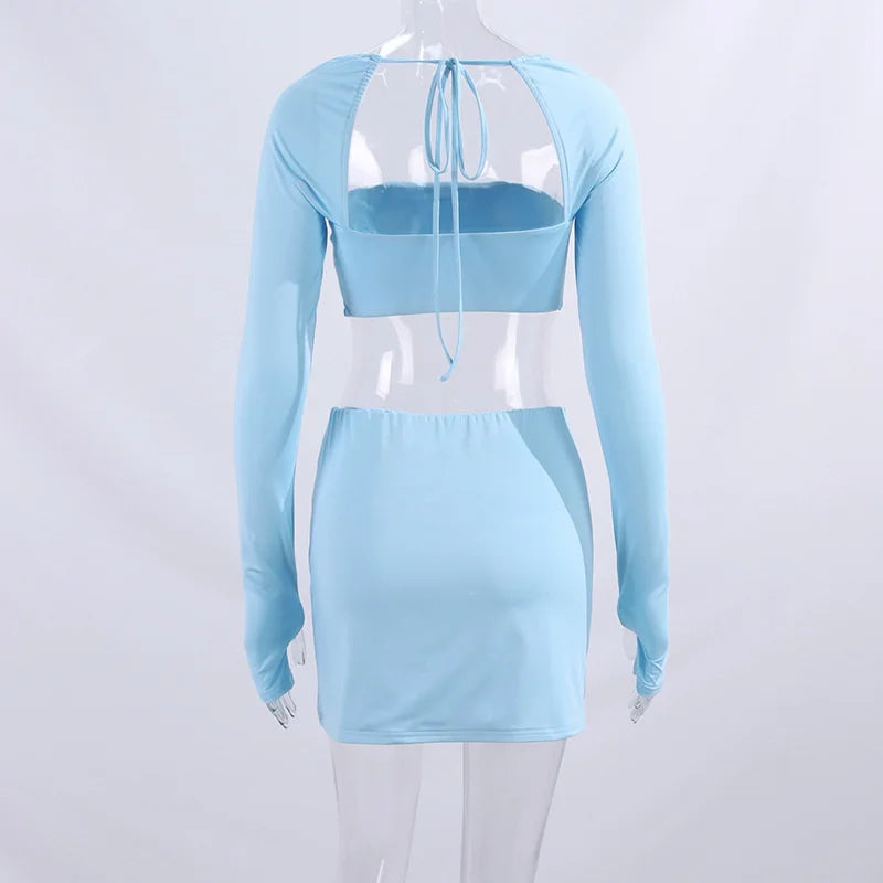 Sexy Dress Set Women White Square Collar Full Sleeve Crop Top And Mini Skirt Matching Sets Ladies Party Two Piece Set