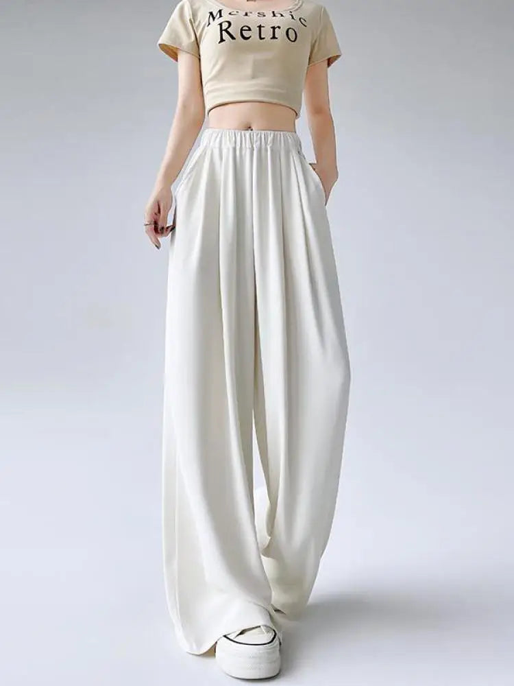 French Simplicity Solid Loose High Waisted Pockets Wide Leg Long Pants For Women's Spring Summer Casual Pleated Trousers Fashion
