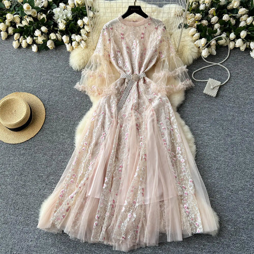 Load image into Gallery viewer, French Vintage Ladies Fashion Round Neck Pink Embroidery Floral Lace Long Dress Autumn Slim Evening Party Ruffles Princess Dress
