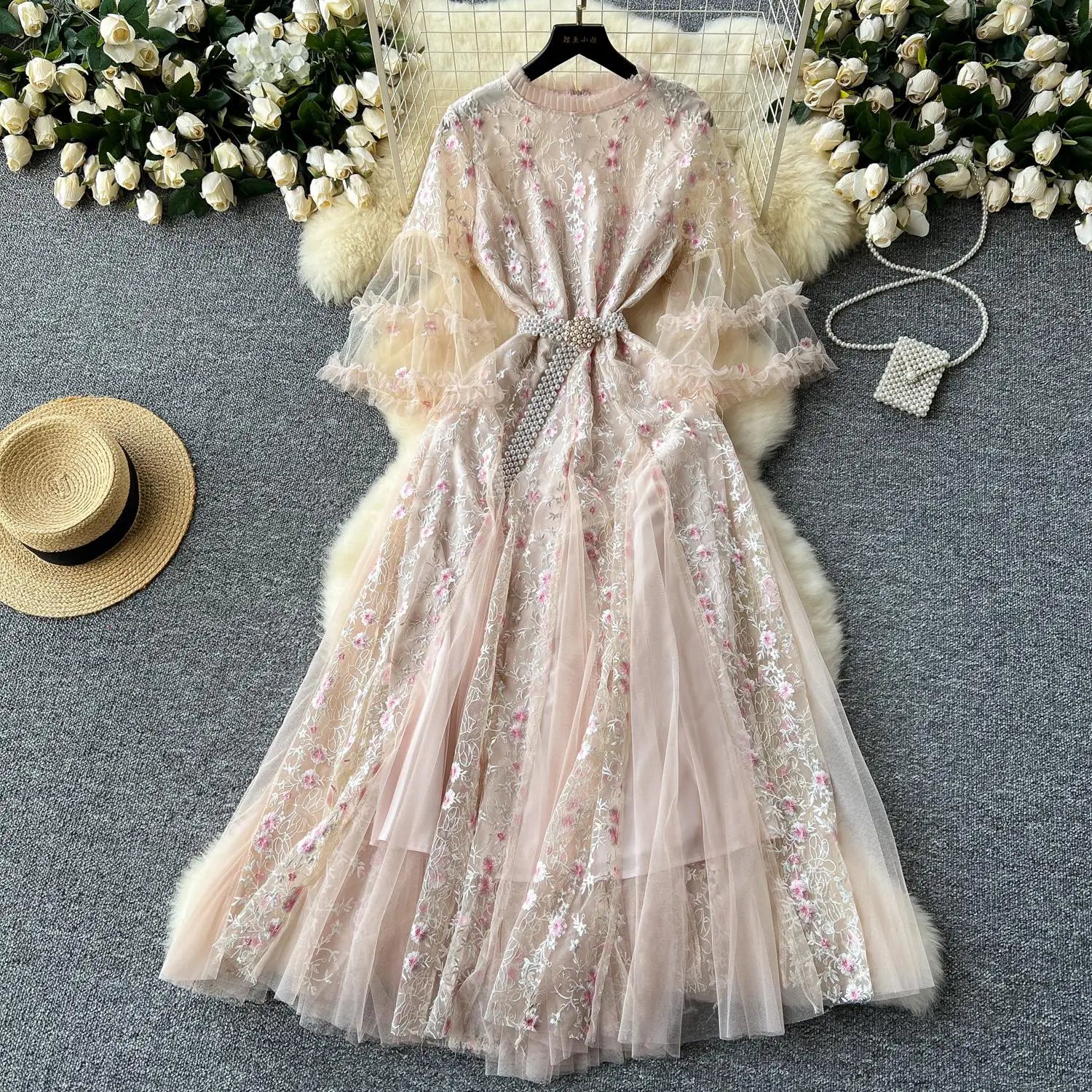 French Vintage Ladies Fashion Round Neck Pink Embroidery Floral Lace Long Dress Autumn Slim Evening Party Ruffles Princess Dress