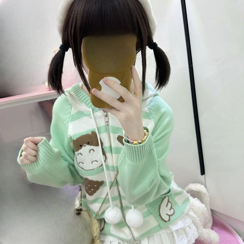 Load image into Gallery viewer, Harajuku Knitted Stripe Hooded Cardigan Women Y2k Aesthetic Cartoon Jacquard Casual Loose Sweater Grunge Vintage Drawstring Tops
