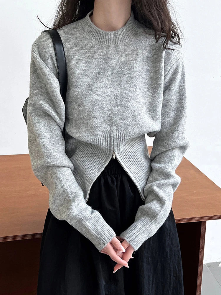 Gray Hen Zipper Big Size Knitting Sweater Round Neck Long Sleeve Women Pullovers New Fashion Spring Autumn 2025 1DH1073