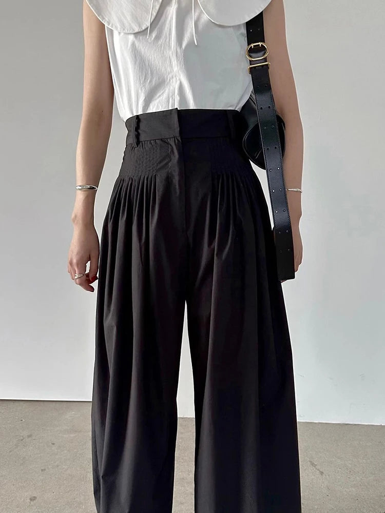 Solid Patchwork Folds Casual Loose Pants For Women High Waist Vintage Wide Leg Pant Female Fashion Clothing