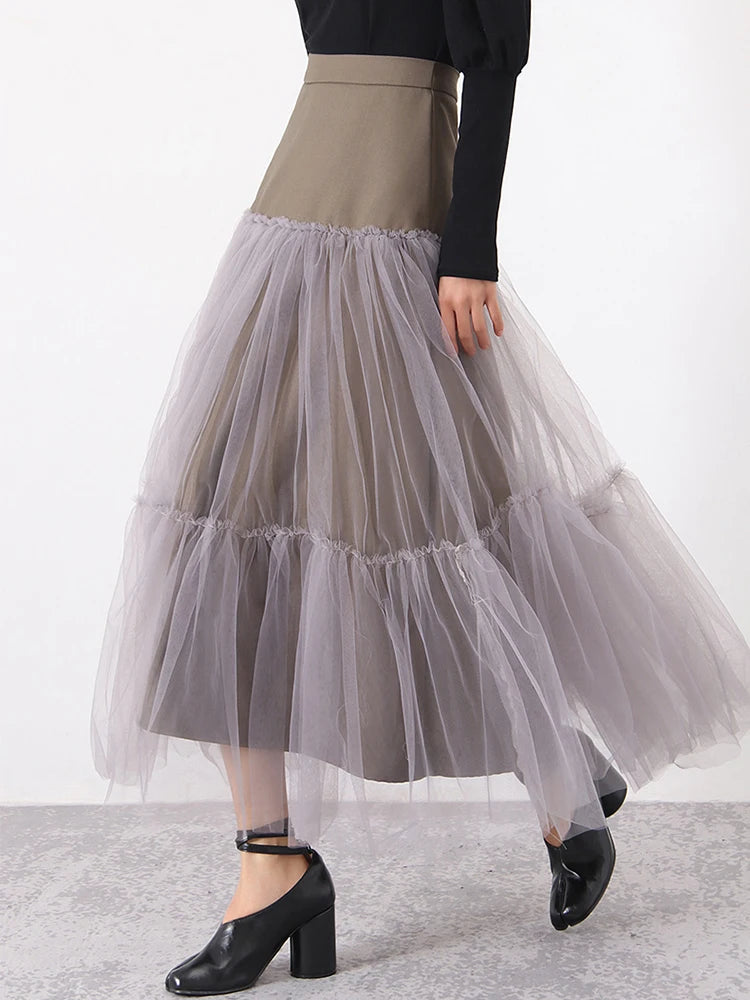 Sweet Loose Patchwork Mesh Skirt For Women High Waist Casual Midi Skirts Female Fashion Summer Clothing Style