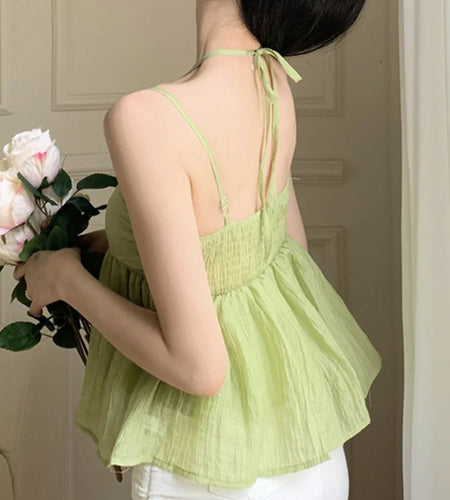 y2k Women Tops Coquette Clothes Solid Color Spaghetti Strap Sleeveless Pleated Camisole Vest 2000s Clothing Streetwear