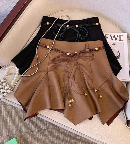 Autumn Winter Black Leather Pleated Mini Skirt Retro Woman 2024 Brown High Waist Sexy Club Bandage Irregular Short Pu Skirt Chic