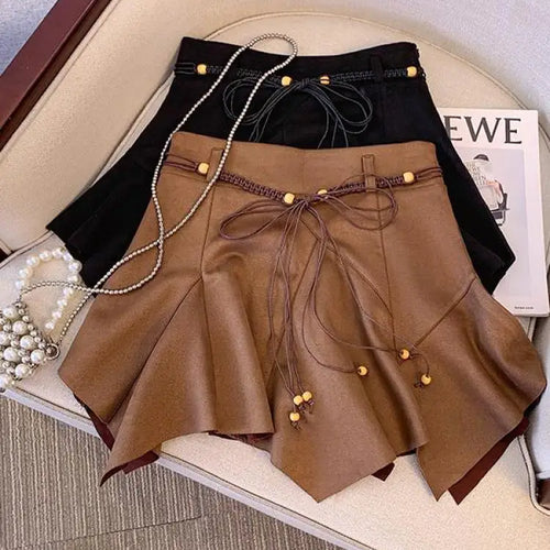 Load image into Gallery viewer, Autumn Winter Black Leather Pleated Mini Skirt Retro Woman 2024 Brown High Waist Sexy Club Bandage Irregular Short Pu Skirt Chic
