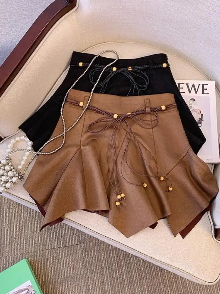 Autumn Winter Black Leather Pleated Mini Skirt Retro Woman 2024 Brown High Waist Sexy Club Bandage Irregular Short Pu Skirt Chic