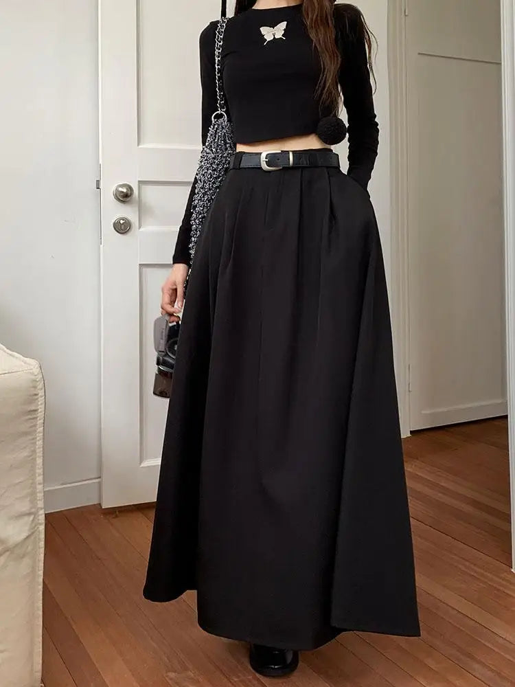 Korean Black High Waist Pleated Woman Grey Suit Skirt Female 2023 Autumn Ladies Casual Fashion Beige Festival A-line Long Skirts