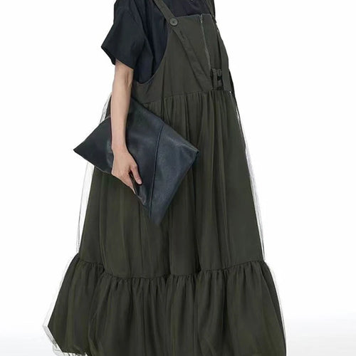 Load image into Gallery viewer, Women Green Mesh Spliced Big Size Bud Strap Dress New Square Collar Sleeveless Fashion Tide Spring Autumn 2025 1DJ1322
