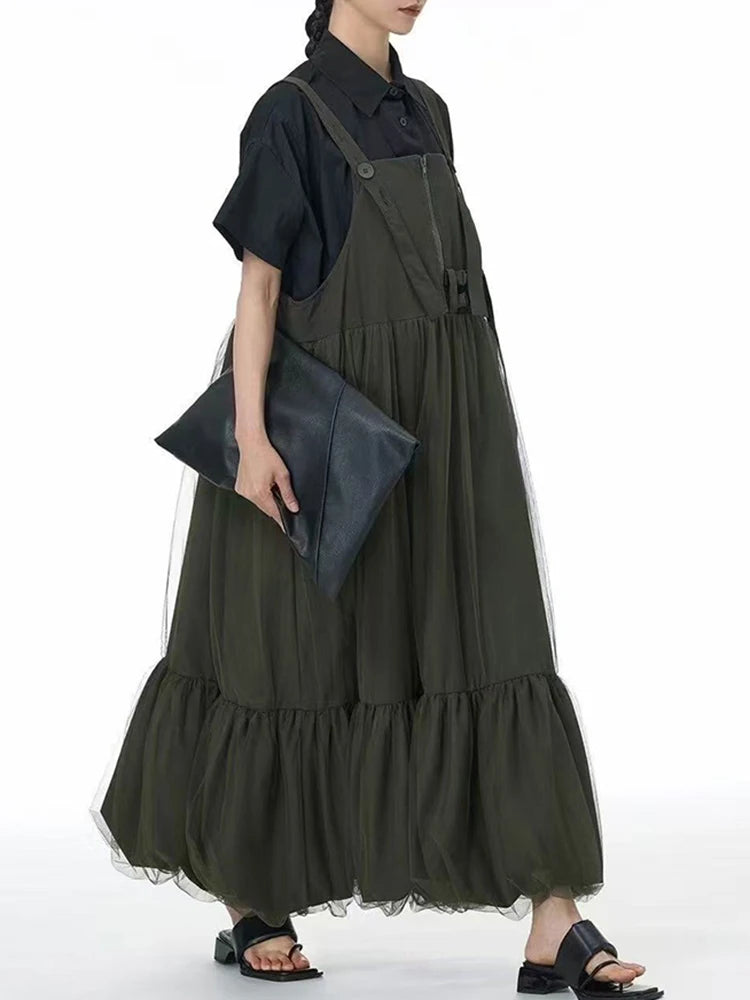 Women Green Mesh Spliced Big Size Bud Strap Dress New Square Collar Sleeveless Fashion Tide Spring Autumn 2025 1DJ1322