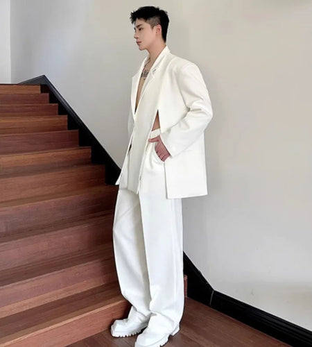 Korean Style Casual Male Two-Piece Set Slit Triple Breasted Solid Color Blazer Straight Leg Men's Pants Personalized 9C7239