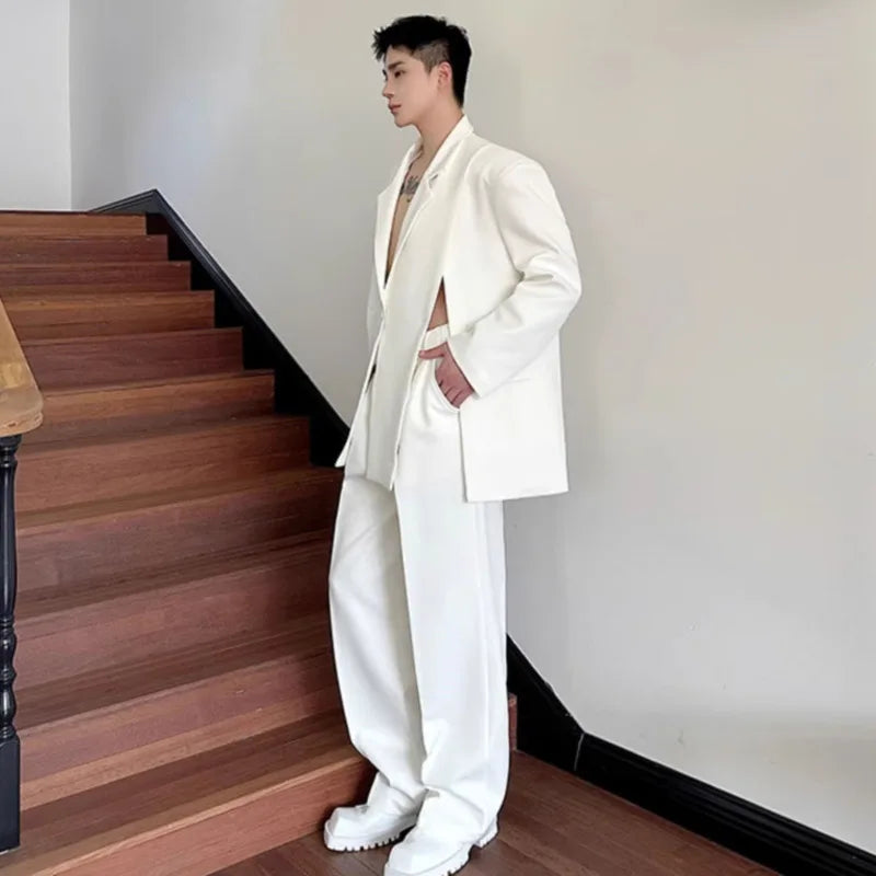 Korean Style Casual Male Two-Piece Set Slit Triple Breasted Solid Color Blazer Straight Leg Men's Pants Personalized 9C7239