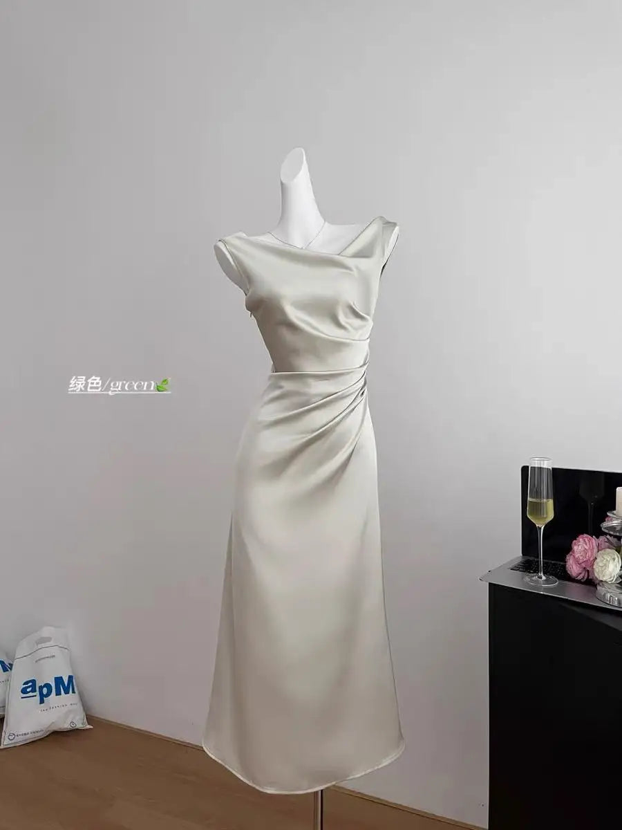 Summer White Pink Elegant Office Pleated Long Dresses Women Fashion Green Sleeveless Swinging Neck Slim Vest Dress Vestidos