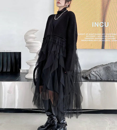 Women Black Big Size Knitting Mesh Irregular Sweater Dress New V-Neck Long Sleeve Fashion Spring Autumn 2025 1DH2366