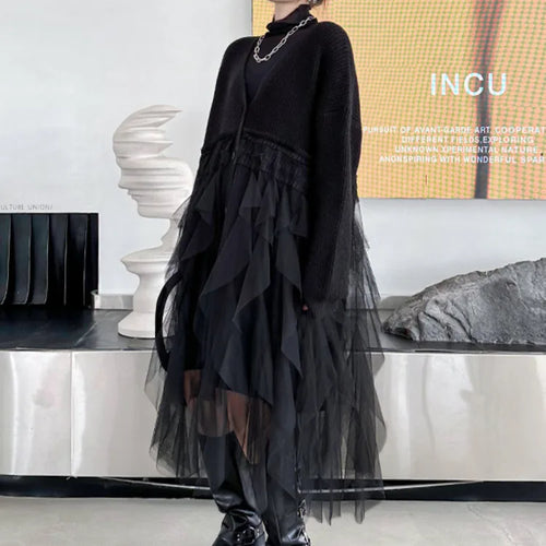 Load image into Gallery viewer, Women Black Big Size Knitting Mesh Irregular Sweater Dress New V-Neck Long Sleeve Fashion Spring Autumn 2025 1DH2366
