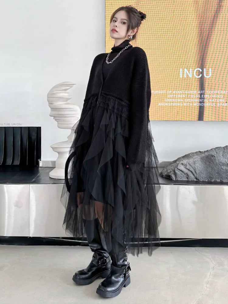 Women Black Big Size Knitting Mesh Irregular Sweater Dress New V-Neck Long Sleeve Fashion Spring Autumn 2025 1DH2366