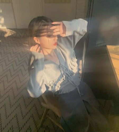 Autumn Ruffled Casual Solid Pullovers Women  Harajuku V Neck Bandage Jumper Loose Knitted Y2k Aesthetic Grunge Crop Sweaters