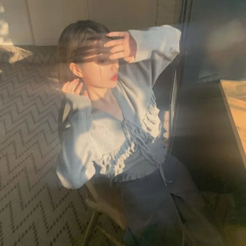 Load image into Gallery viewer, Autumn Ruffled Casual Solid Pullovers Women  Harajuku V Neck Bandage Jumper Loose Knitted Y2k Aesthetic Grunge Crop Sweaters
