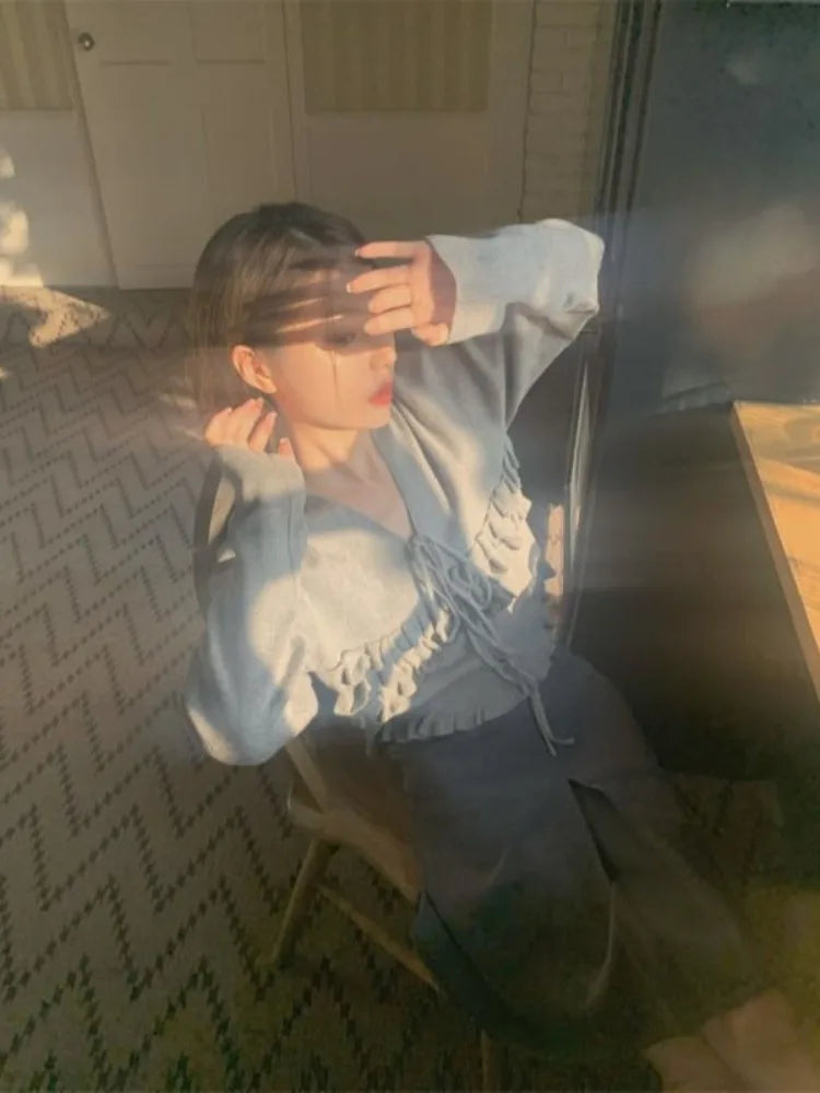 Autumn Ruffled Casual Solid Pullovers Women  Harajuku V Neck Bandage Jumper Loose Knitted Y2k Aesthetic Grunge Crop Sweaters