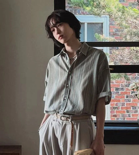 Men's Short Sleeve Striped Shirts New Summer Loose Single Breasted Casual Turn-down Collar Korean Trendy Top 9W1620