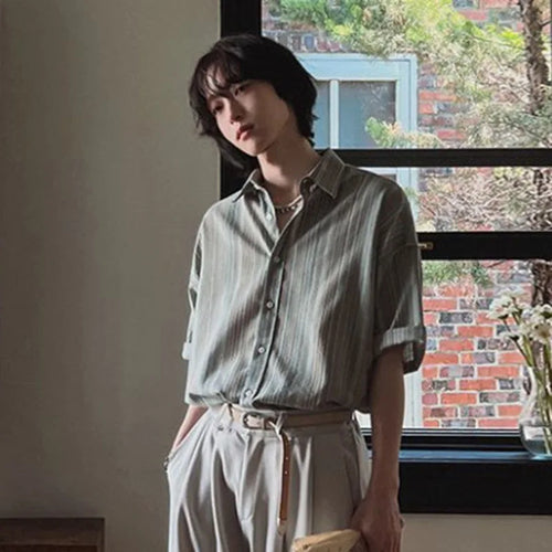 Load image into Gallery viewer, Men's Short Sleeve Striped Shirts New Summer Loose Single Breasted Casual Turn-down Collar Korean Trendy Top 9W1620
