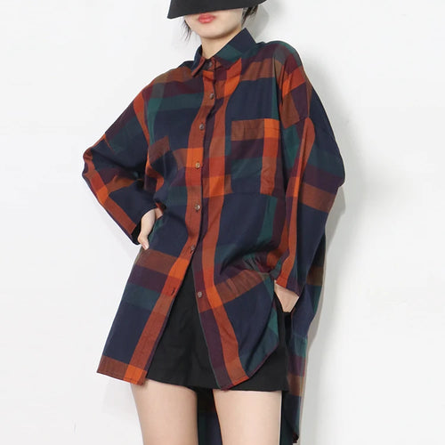 Load image into Gallery viewer, Plaid Colorblock Shirt For Women Lapel Long Sleeve Loose Slim Minimalist Button Through Blouse Female Clothing
