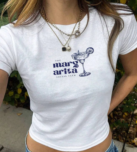Y2K Summer Cocktail Martini Short Straight Shoulder Slim Fashion T-Shirt