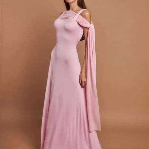 Load image into Gallery viewer, Pink Cape Sleeve Sexy Maxi Dress For Women Off-shoulder Backless Gown Elegant Skew Collar Lace-up Long Dress Vestido
