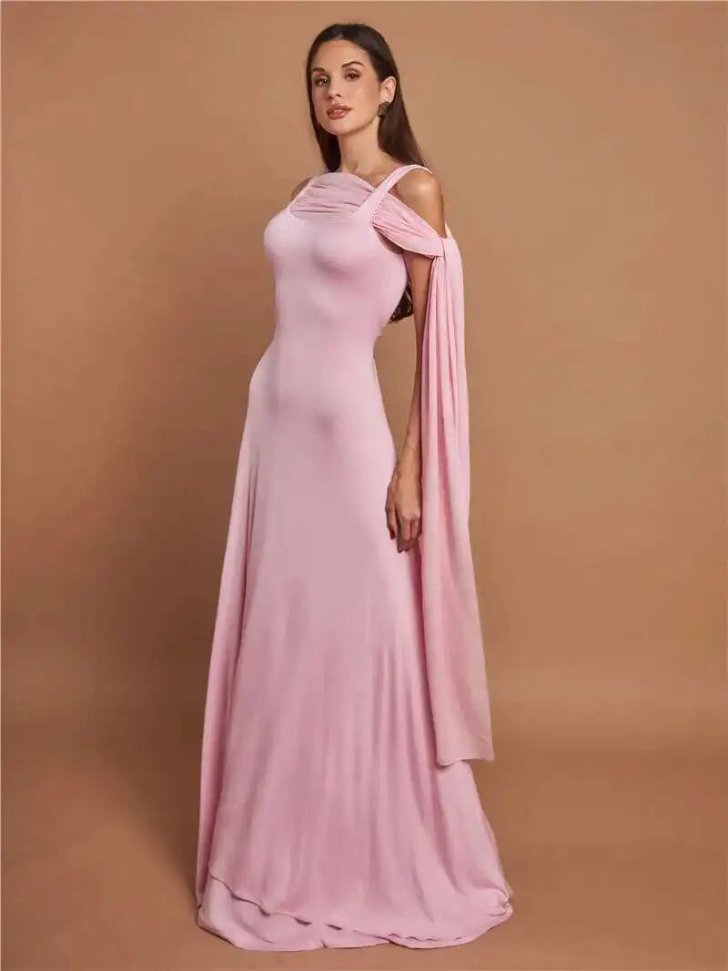 Pink Cape Sleeve Sexy Maxi Dress For Women Off-shoulder Backless Gown Elegant Skew Collar Lace-up Long Dress Vestido