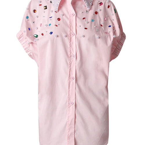 Load image into Gallery viewer, Women Black Colorful Rhinestones Big Size Blouse New Lapel Short Sleeve Shirt Fashion Tide Spring Summer 2025 CPG3228
