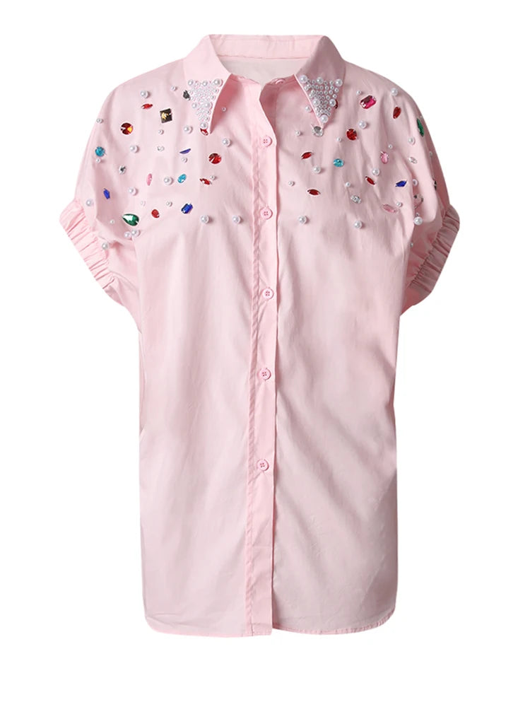 Women Black Colorful Rhinestones Big Size Blouse New Lapel Short Sleeve Shirt Fashion Tide Spring Summer 2025 CPG3228