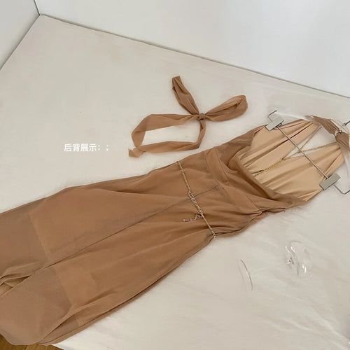 Load image into Gallery viewer, Women Brown High Waist Off Shoulder Hollow Out Backless Halter Long Dress Summer Sexy Elegant Sleeveless Party Evening Dress New
