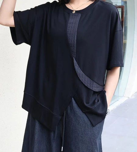 Women Black Hem Slit Irregular Big Size T-shirt New Round Neck Short Sleeve Fashion Tide Spring Summer 2025 1DJ0408