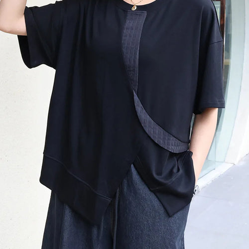 Load image into Gallery viewer, Women Black Hem Slit Irregular Big Size T-shirt New Round Neck Short Sleeve Fashion Tide Spring Summer 2025 1DJ0408
