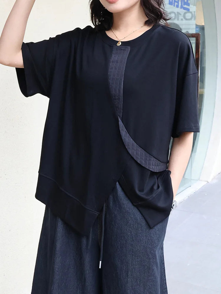 Women Black Hem Slit Irregular Big Size T-shirt New Round Neck Short Sleeve Fashion Tide Spring Summer 2025 1DJ0408