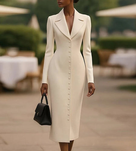 Spring Fall Formal Midi Dresses Outerwear Women 2025 Long Sleeves Urban Elegant Bodycon Dresses Ladies French Clothes