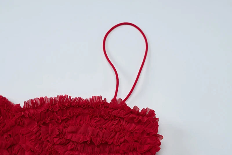 Spaghetti Strap Mesh Pleated Sexy Crop Tops Women Red Strapless Sleeveless Backless Skinny Club Tank Tops Clubwear