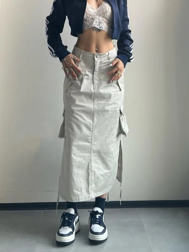 Fashion Long Cargo Skirt Women Y2k Streetwear Vintage Pocket High Waist Side Split Shirring Casual Straight Midi Skirt Korean