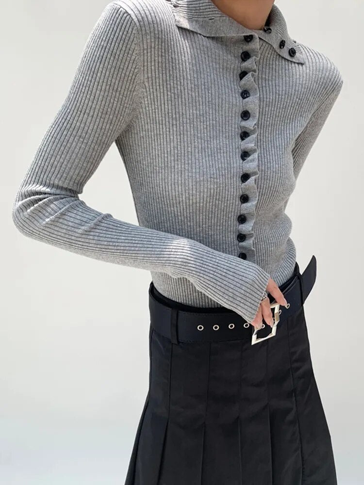 Solid Patchwork Single Breasted Knitting Sweaters For Women Lapel Long Sleeve Slimming Sexy Sweater Female Fashion