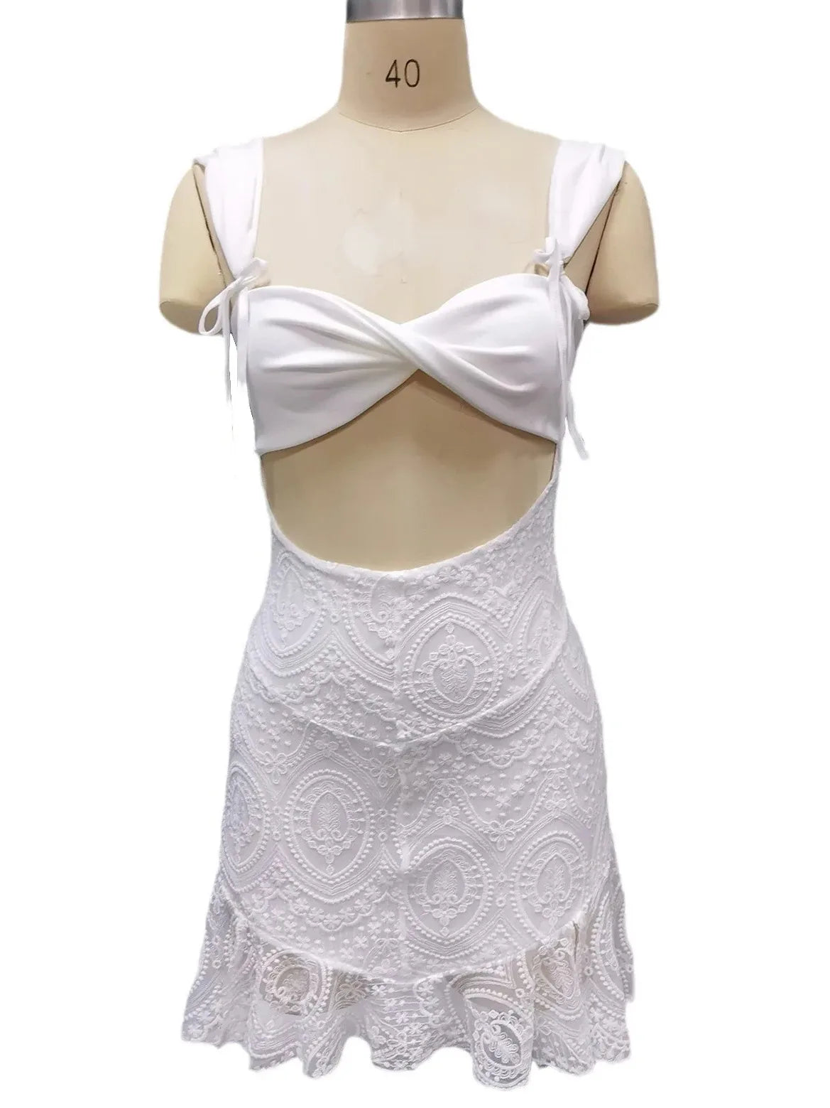 Sexy Sleeveless Hollow Lace Patchwork Dress Women Tight Ruffle Edge Female Mini Dress Nightclub Party Vestidos 2024 New