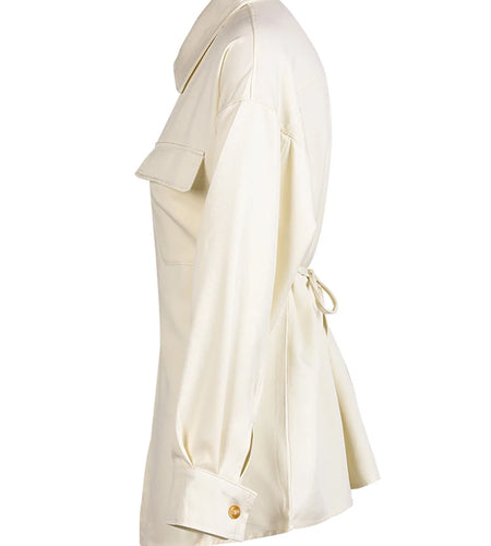 Women Beige Zipper Pocket Back Bandage Blouse New Lapel Long Sleeve Loose Fit Shirt Fashion Spring Autumn 2025 1DF149100