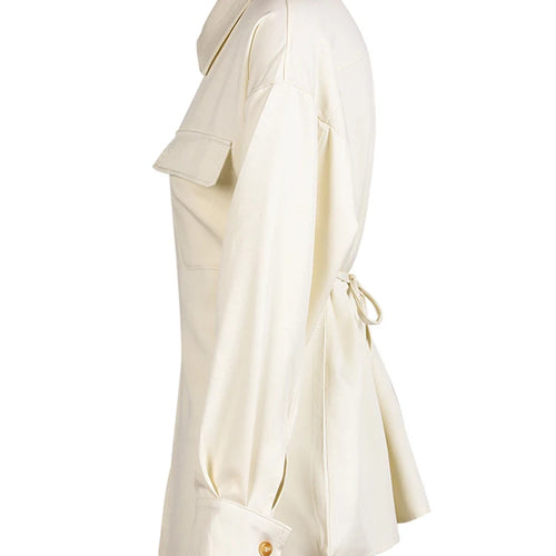 Load image into Gallery viewer, Women Beige Zipper Pocket Back Bandage Blouse New Lapel Long Sleeve Loose Fit Shirt Fashion Spring Autumn 2025 1DF149100
