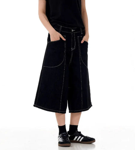 High Street American Style Cropped Jeans Summer Patchwork Handsome Straight Wide Leg Design Shorts Solid Color 9W1714