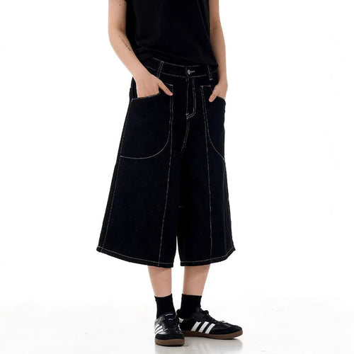 Load image into Gallery viewer, High Street American Style Cropped Jeans Summer Patchwork Handsome Straight Wide Leg Design Shorts Solid Color 9W1714
