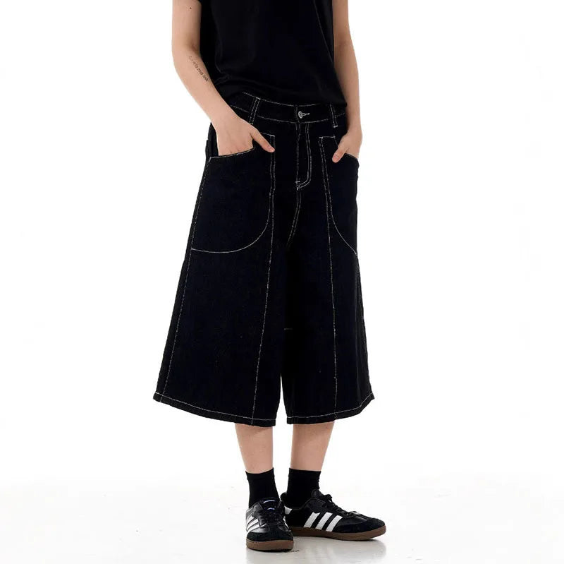 High Street American Style Cropped Jeans Summer Patchwork Handsome Straight Wide Leg Design Shorts Solid Color 9W1714