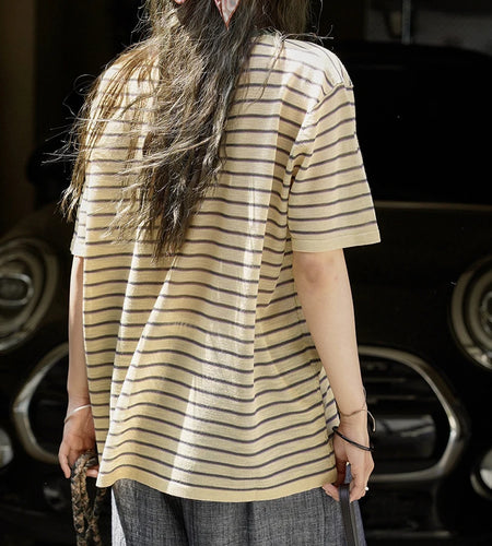 Yellow Stripe Thin Big Size Knitting Sweater Round Neck Half Sleeve Women Pullovers New Fashion Spring Summer 2025 1DJ1626