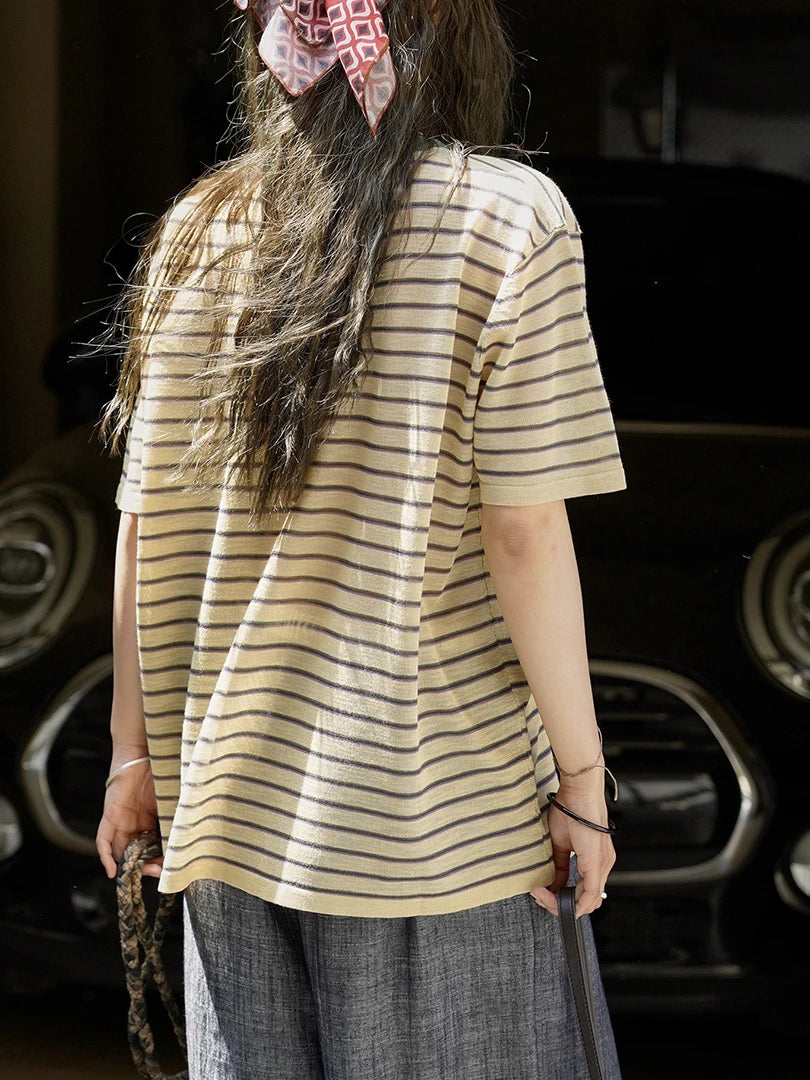 Yellow Stripe Thin Big Size Knitting Sweater Round Neck Half Sleeve Women Pullovers New Fashion Spring Summer 2025 1DJ1626